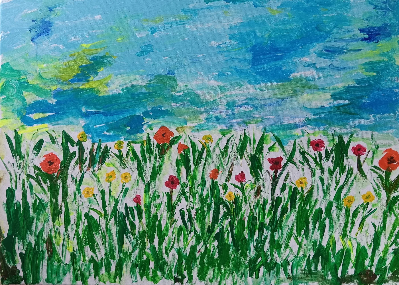 Eine Blumenwiese unter blauem Himmel – Gemälde von Pauline Creuz