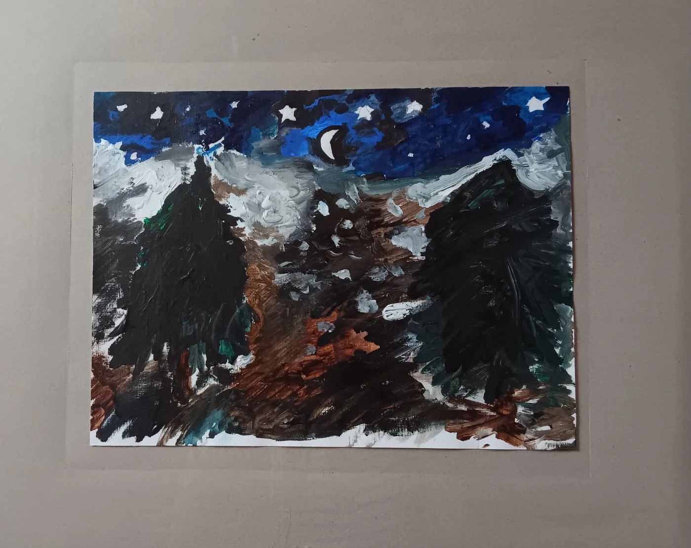 Verschneite Berggipfel unter einem Sternenhimmel – Gemälde von Pauline Creuz